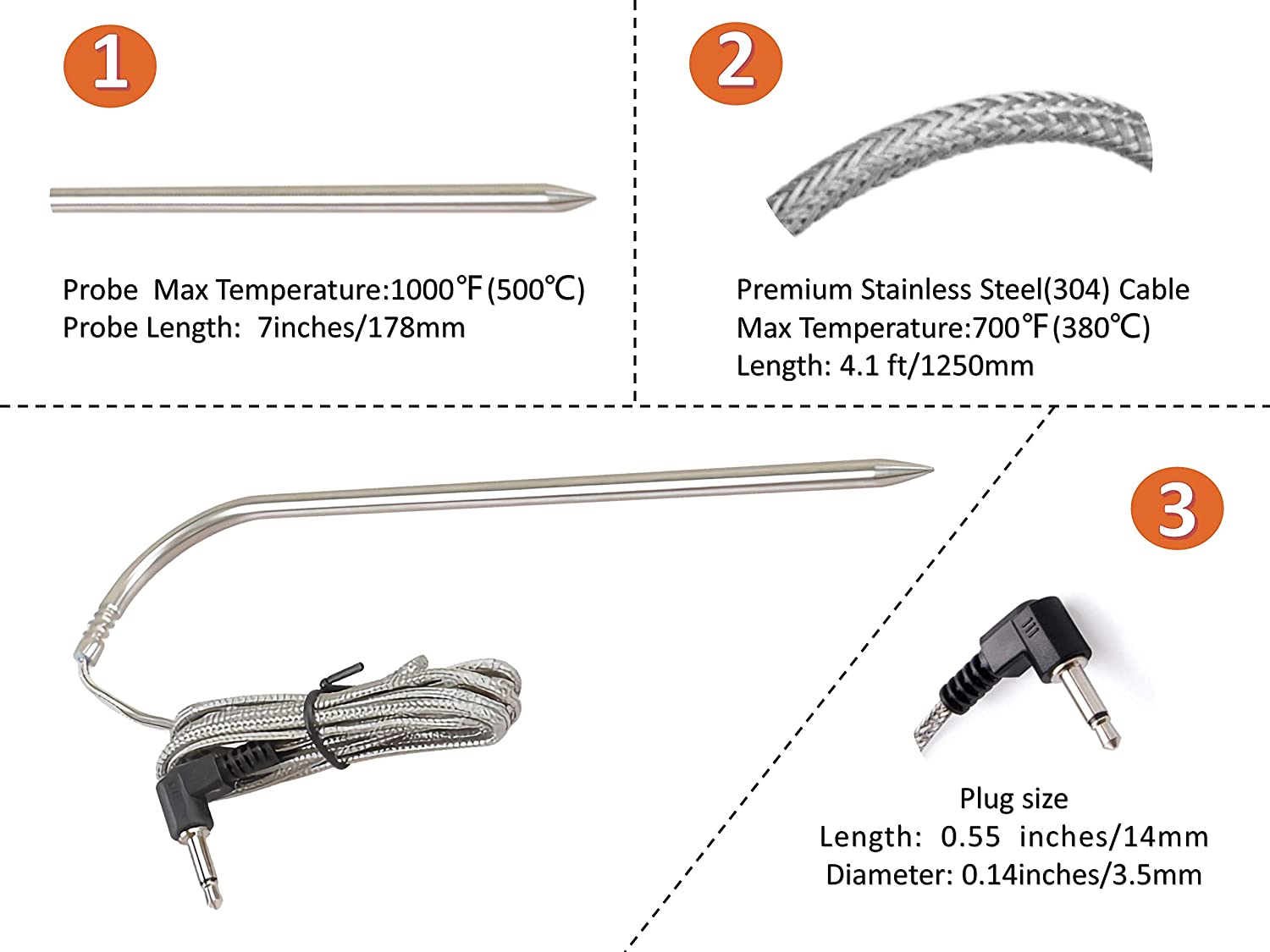 4 Pack High-Temperature BBQ Meat Probe/Thermometer Sensor Replacement for Pit Boss & Louisiana Wood Pellet Smoker Grills