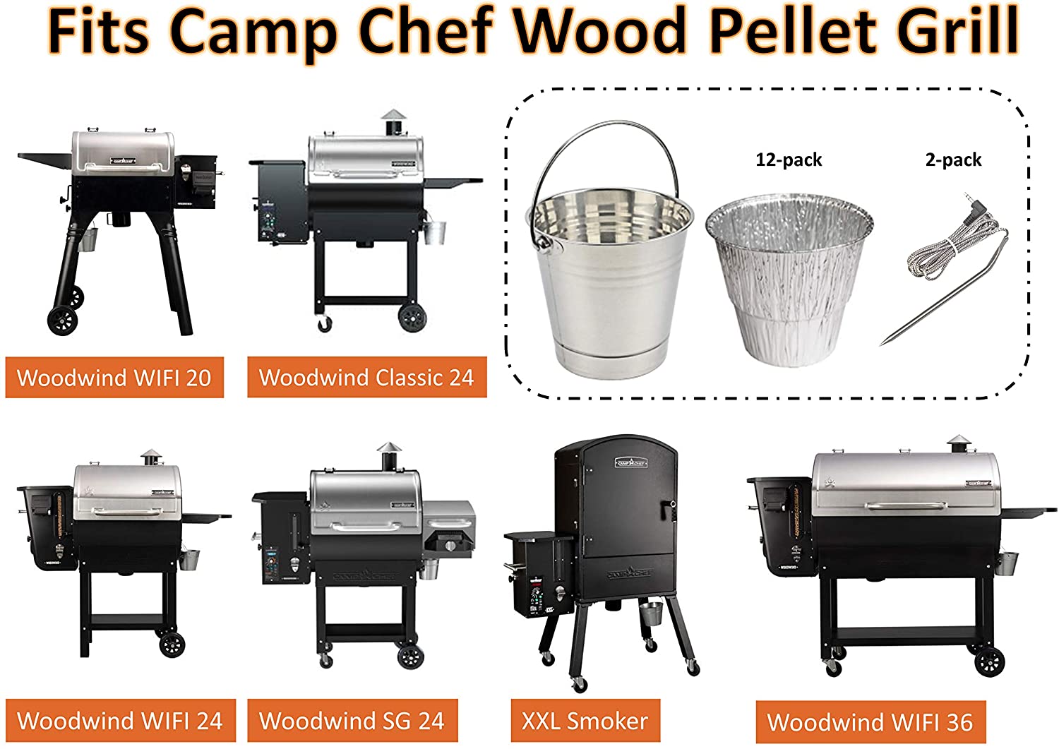 Replacement Disposable Grease Bucket Liner,Stainless Steel Drip Bucket,Meat Probes Fit for Camp Chef Wood Pellet Grill & Smoker