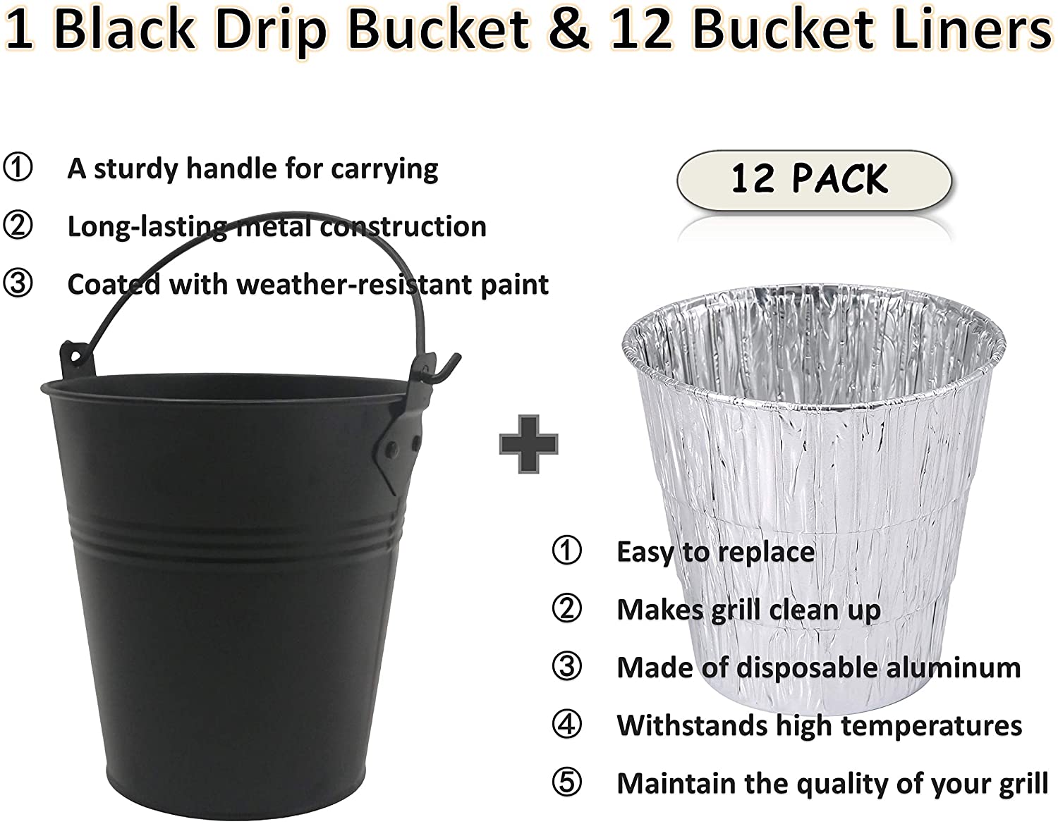 Replacement for Oklahoma Joe's 9518545P06 Smoker Grease Drip Bucket,Black Metal Pail with 12 Pack Aluminum Grill Bucket Liner/Drip Insert