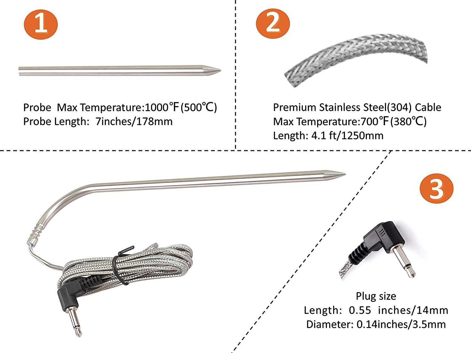 4 Pack High-Temperature Meat BBQ Probe with Clip Replacement for Pit Boss Wood Pellet Smoker Grills