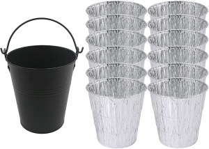 Replacement for Oklahoma Joe's 9518545P06 Smoker Grease Drip Bucket,Black Metal Pail with 12 Pack Aluminum Grill Bucket Liner/Drip Insert