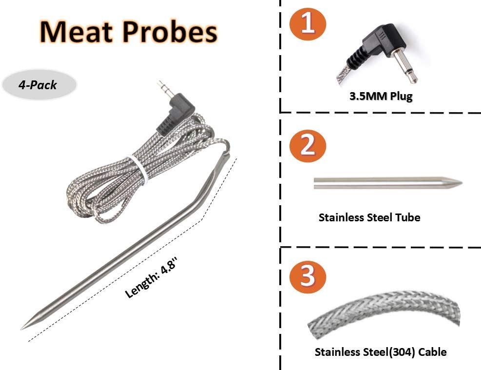 4-Pack High-Temperature BBQ Meat Probe with Clips Replacement for Camp Chef Wood Pellet Grills and Smokers